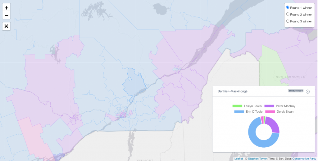 Map of Erin O'Toole's campaign strength in Quebec