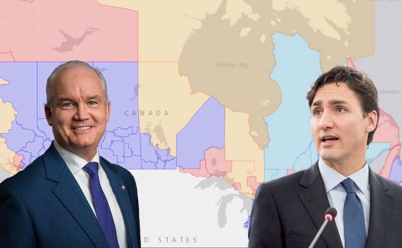 Erin O'Toole and Justin Trudeau on a map of Canada