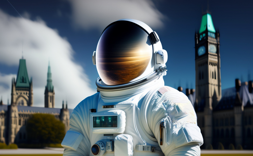 Astronaut looks to the horizon in front of the Canadian Parliament in Ottawa